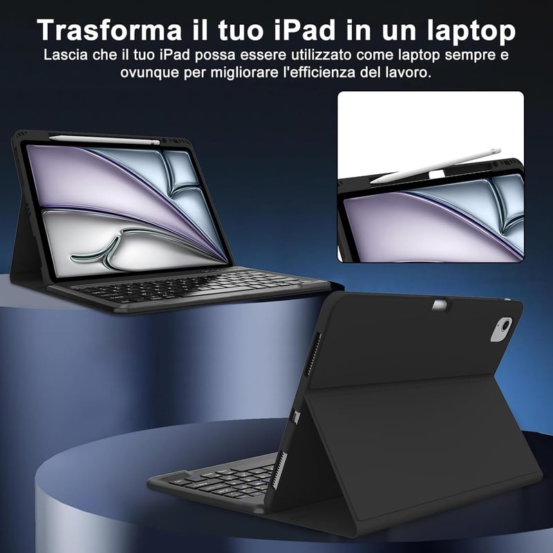 SENGBIRCH iPad Air 13" (M2, 2024) Bluetooth Billentyűzetes Tok - Levehető Mágneses Billentyűzet, Ütésálló PU Bőr Védőtok, Fekete