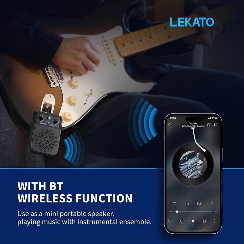 LEKATO Mini Gitárerősítő 5W - Hordozható, Bluetooth-os Zsebméretű Erősítő, Beépített Effektekkel, Elektromos Gitárokhoz, 6 Órás Üzemidő
