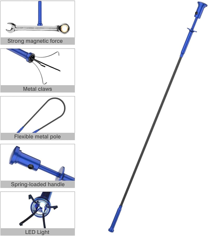 Housolution Clește Magnetic cu Patru Gheare - Cu Mâner Flexibil și Lumină LED, Instrument Flexibil de Extindere Lungă pentru Gunoi, Chiuvetă și Sifoane
