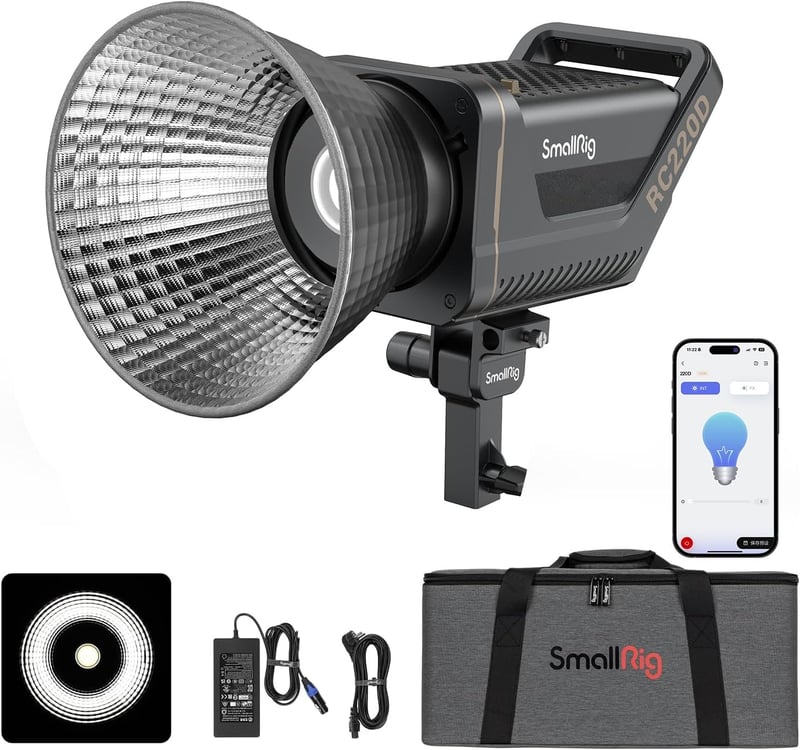 SMALLRIG RC 220D 220W COB Videólámpa, 98700 Lux Fényerő, 9 Fényeffektus, CRI 95+ Bowens Foglalat, SmallGoGo App Vezérlés, V-Mount Kompatibil