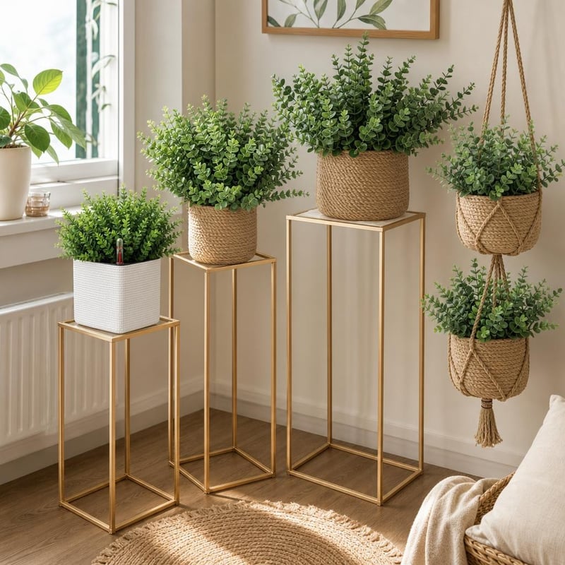 Zöld oázisindító: önöntözős kaspó + 3 db virágállvány + 12 csokor műeukaliptusz + 2 db függő kosár