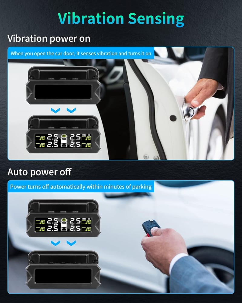 Jansite TPMS Vezeték Nélküli Gumiabroncs Nyomásmérő Rendszer 14-87 PSI, Állítható Szögű Kijelzővel, 4 Külső Szenzorral, Napelem/USB Töltésse