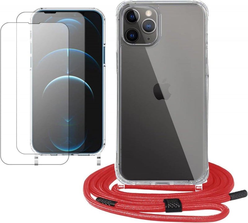 iPhone 11 Pro Védőcsomag: Ütésálló Tok, Üvegfóliák, Piros Nyakpánt