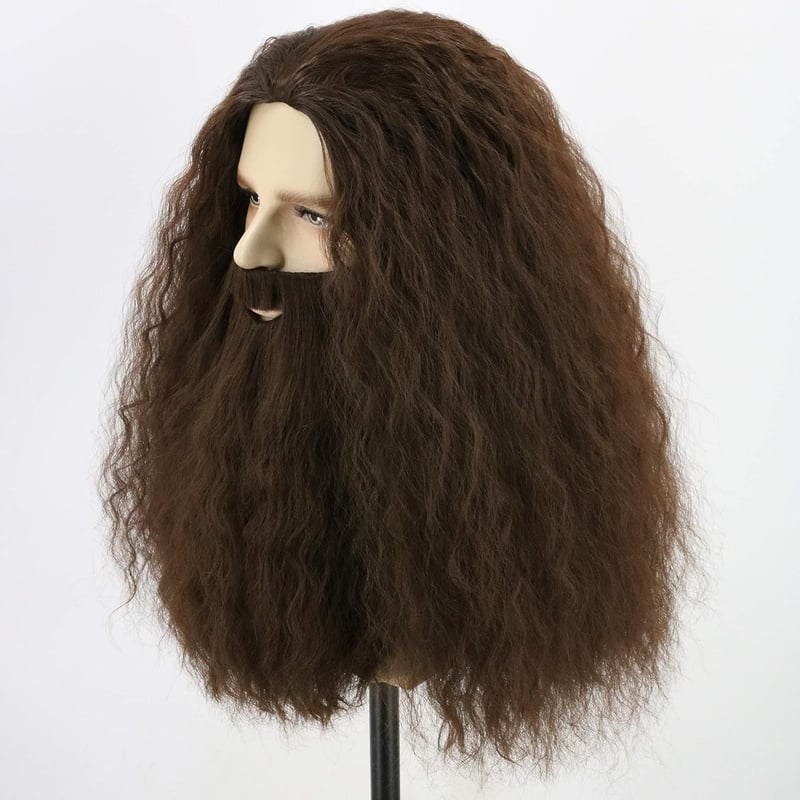 Topcosplay Hosszú Barna Göndör Paróka és Szakáll Szett - Hőálló Műhaj 180°C-ig - Harry Potter Hagrid Jelmezhez - Farsangi, Halloween Cosplay