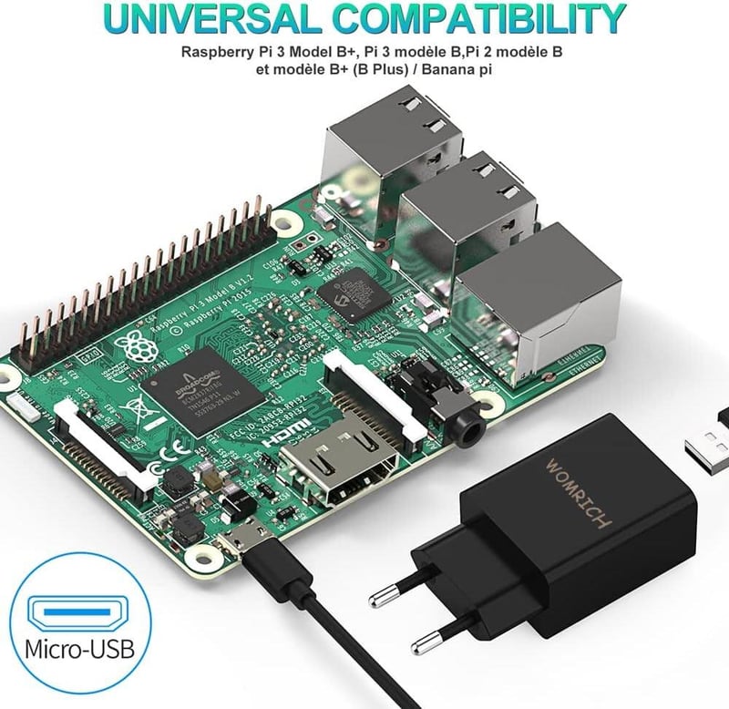 Raspberry Pi 3A Micro USB Töltő - 5V/3A EU Adapter, Fekete