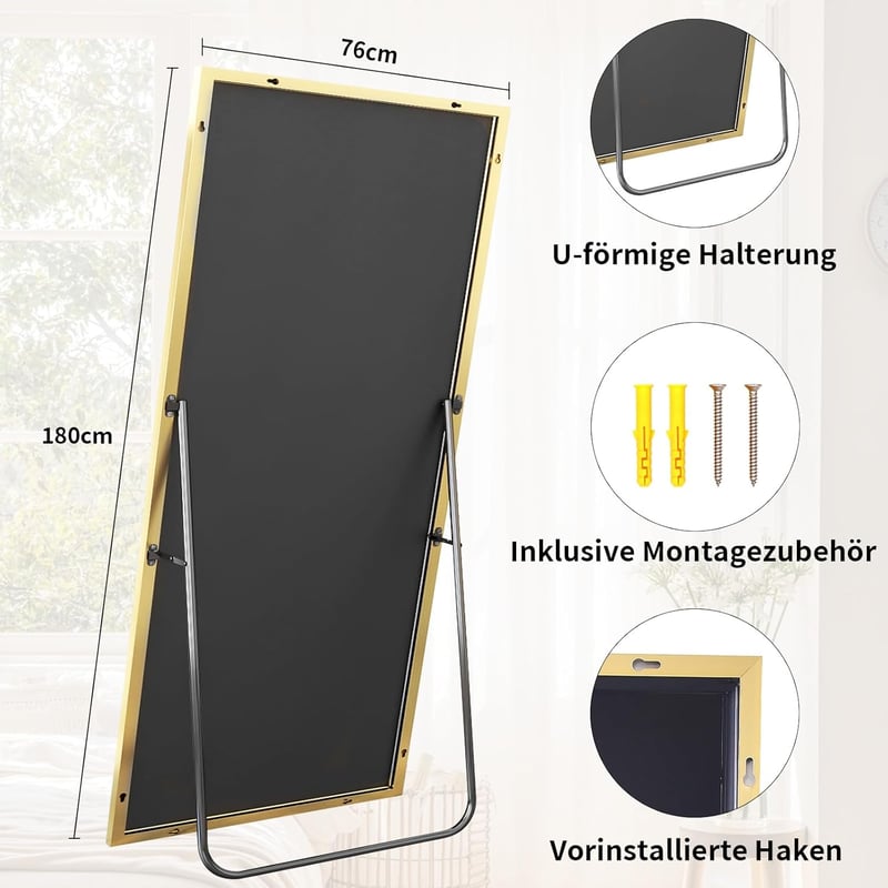 BEAUTYPEAK Nagyméretű Álló Tükör 76x180 cm - Törhetetlen Alumínium Testmagasságú Tükör Hálószobába, Nappaliba - Falra Akasztható vagy Támasz