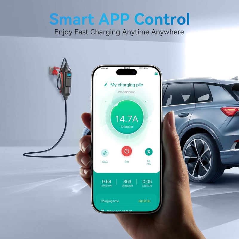 Youwoauto 11KW 3-fázisú Hordozható Wallbox Töltőállomás - Type 2 Töltőkábel CEE Csatlakozóval, Állítható Töltőteljesítmény, Applikációs Vezé