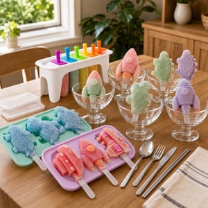 Set desert Frozen Smile: 8 forme înghețată + 6 boluri sticlă + set tacâmuri titan