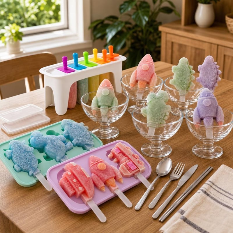Set desert Frozen Smile: 8 forme înghețată + 6 boluri sticlă + set tacâmuri titan