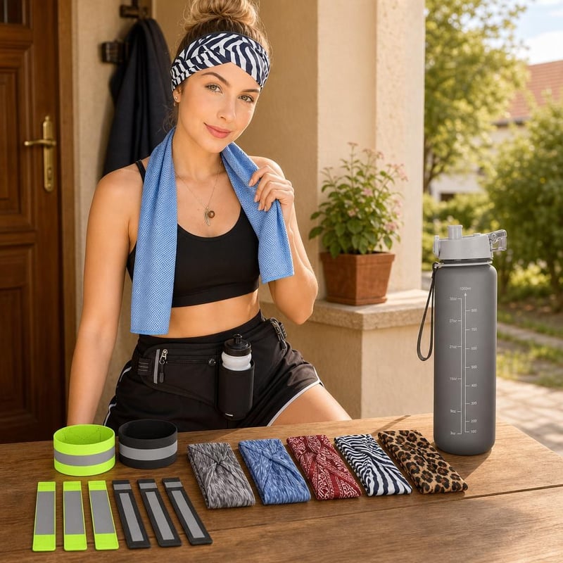 Pachet Alergare: 6 benzi sport + centură alergare + 8 clipsuri reflectorizante + bidon 1L + prosop răcire