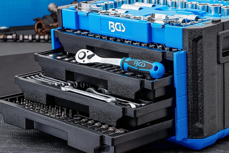 BGS 74000 Profi Dugókulcs Készlet 300 Részes - 1/4", 3/8", 1/2" Hajtásméretekkel, Metrikus és Colos Méretekkel, Króm Kivitel, Gumi Markolatt