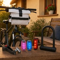 Mestský cyklo-set: 1x CO2 pumpa + 1x brzdové svetlo + 2x blikačka + 1x taška + 1x adaptér + 1x zámok 1