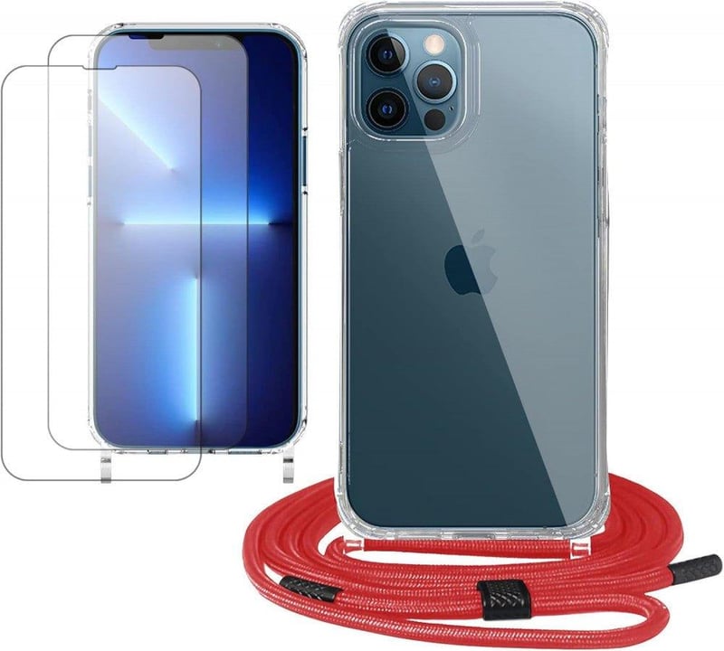 iPhone 12 Pro Max Védőcsomag: Ütésálló Tok, Üvegfóliák, Piros Pánt