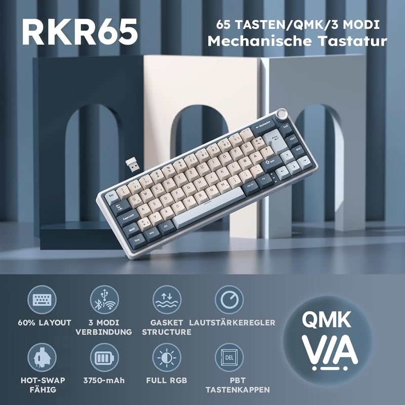 RK ROYAL KLUDGE R65 Mechanikus Billentyűzet Cream Switch - Vezeték Nélküli Bluetooth Gamer Keyboard Kék Színben 3750 mAh Akkumulátorral