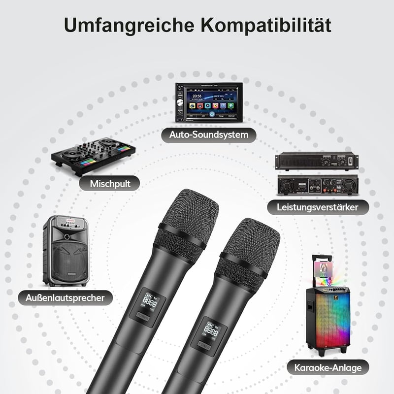 TONOR TW450 Vezeték Nélküli Mikrofon Szett - Duál Karaoke Mikrofon 60m Hatótávval, 5 Csatornával, Vevőegységgel Esküvőre, Előadásokhoz, Szür - Grey and grey