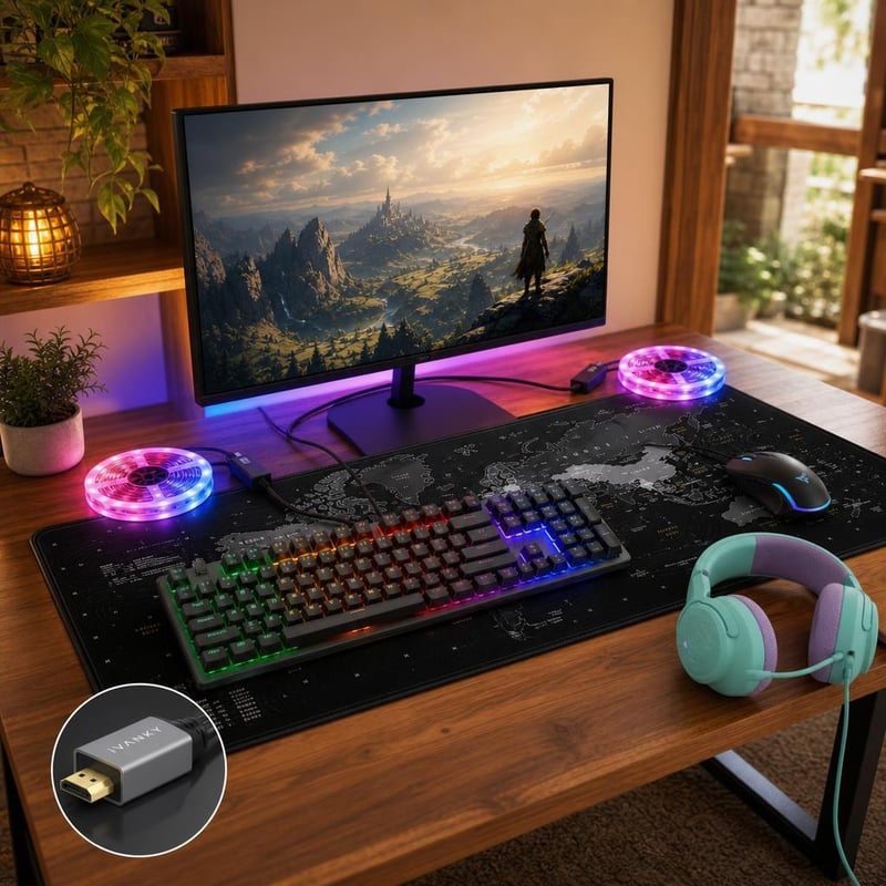 Gamer set: DP kabel + mehanička tipkovnica + XXL podloga + 2×3m RGB LED traka + gaming slušalice