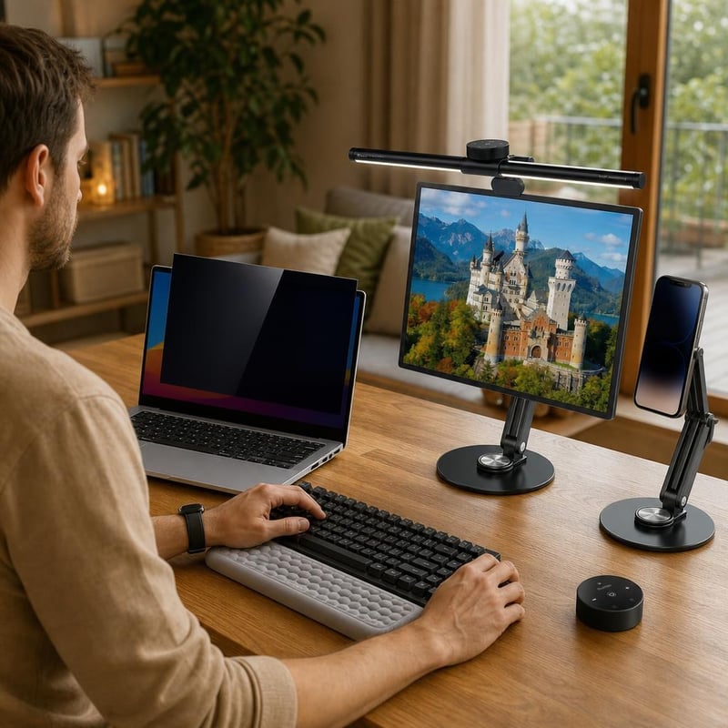 Set birou ergonomic: filtru confidențialitate 14" + suport laptop + lampă monitor + suport încheietură