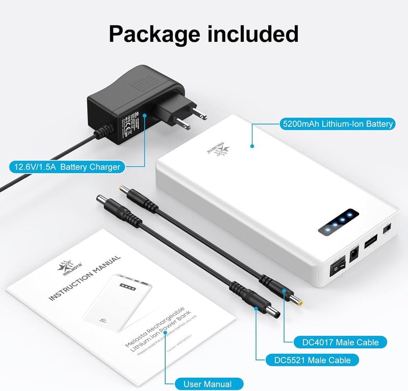 Melasta 12V 5200mAh 60W Lítium-ion Powerbank Külső Akkumulátor - 12V/9V DC és 5V USB Kimenettel LED Szalaghoz, CCTV Kamerához - Fehér