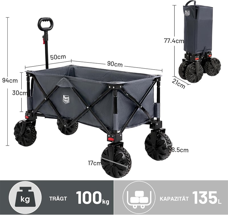 TIMBER RIDGE XXL Összecsukható Kézikocsi Széles Kerekekkel - Kerti Szállítókocsi Oldaltáskával, Pohártartóval, 100 kg Teherbírással, Terepjá