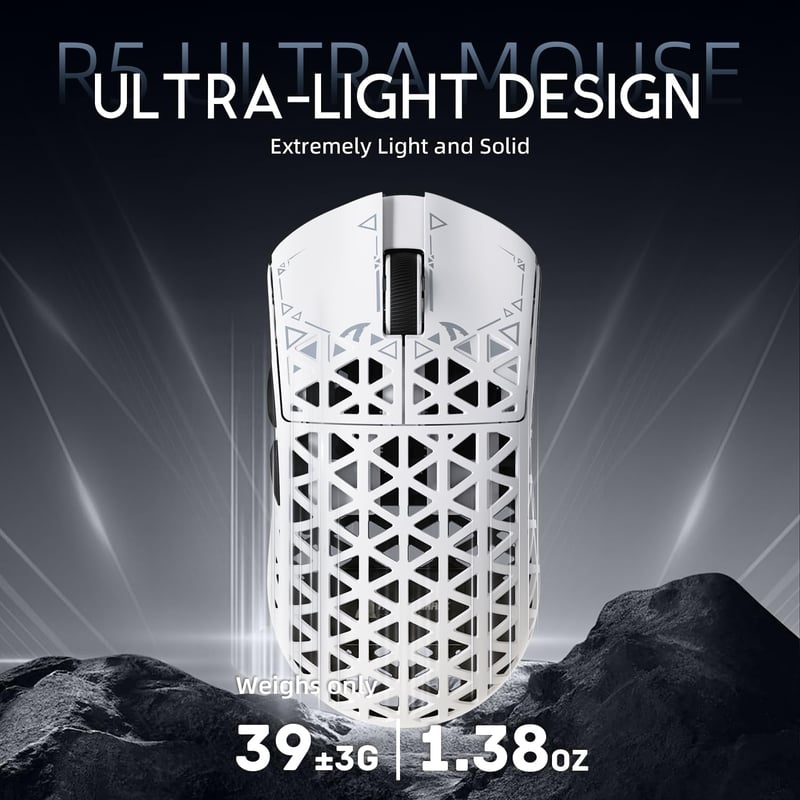 ATTACK SHARK R5 Ultra Szénszálas Gamer Egér, 39g Szuperkönnyű, 8000Hz Vezeték Nélküli, 42000 DPI, Bluetooth/2.4G/Vezetékes, Fehér