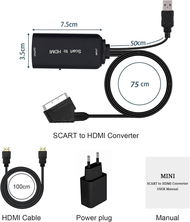 AMANKA SCART-HDMI Átalakító Kábel - Full HD 1080P Videó és Hang Konverter HDTV, VHS, Xbox, PS3, DVD és Blu-ray Eszközökhöz