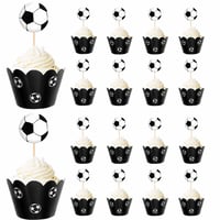 ZHIQIN Futbalová dekorácia na muffiny 24 ks – Futbalové napichovátka a košíčky na cupcakes na detskú narodeninovú oslavu a zdobenie torty, čierno-biela futbalová lopta 2
