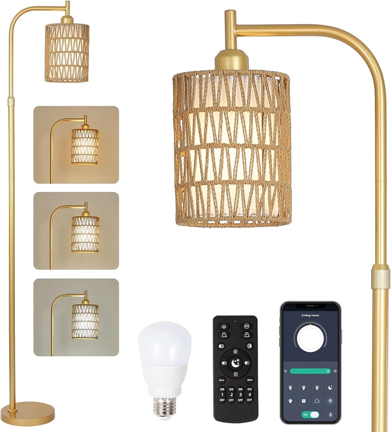 Rayofly Állólámpa Távirányítóval - Arany Rattan Boho Dizájn, Fényerőszabályzós