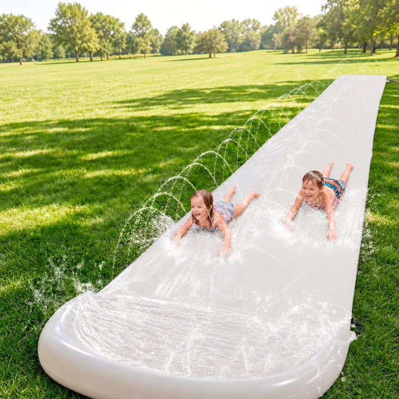 Sloosh 685,8 cm (22,5 ft) záhradná vodná šmykľavka, dvojitá dráha — chýbajú 2 nafukovacie surfovacie dosky (stav: pozri 2. obrázok)