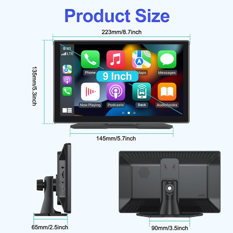 Podofo 9" IPS Autórádió Vezeték Nélküli Apple CarPlay & Android Auto Támogatással - Érintőképernyős Bluetooth Médialejátszó, FM, USB, AUX