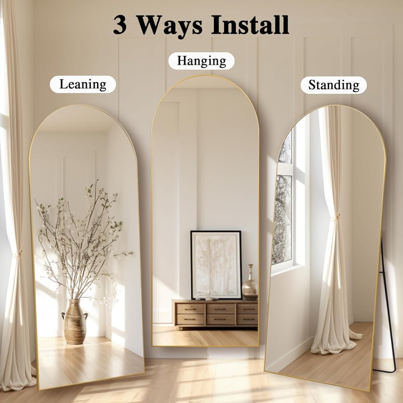 LunaMirror Ívelt Arany Álló Tükör 192x85 cm - Teljes Alakos Padlótükör Hálószobába, Nappaliba - Nagyméretű Fali Tükör Nano Üvegből Alumínium