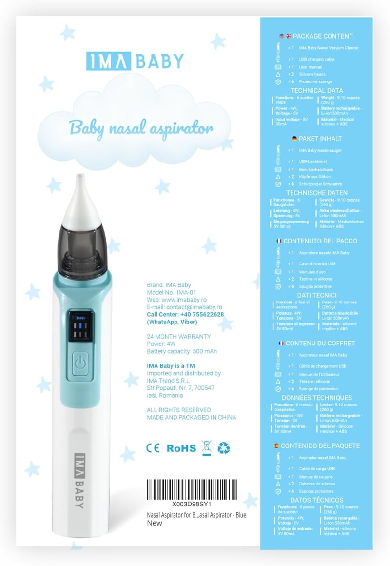 IMA BABY Újratölthető Elektromos Orrszívó Kék - 6 Fokozatú, 2 Fejjel