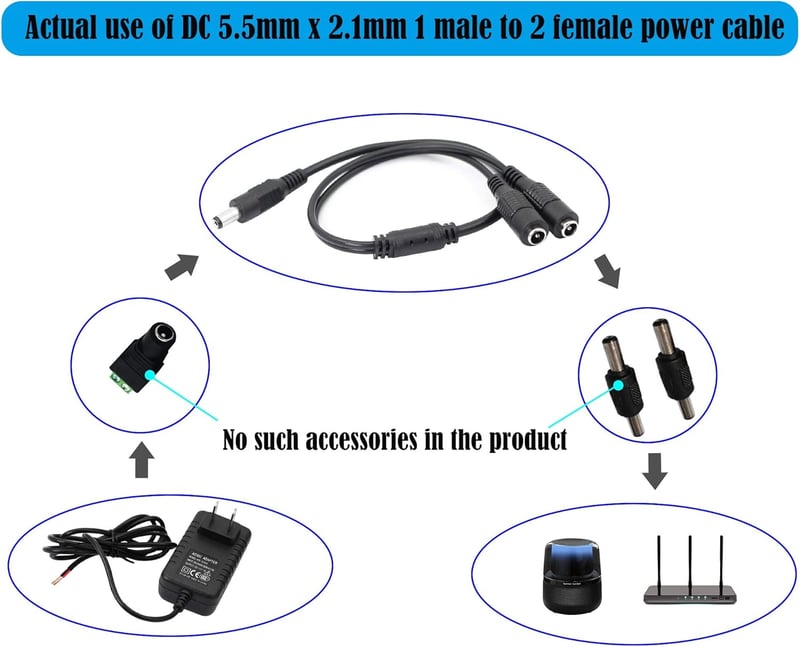 GINTOOYUN DC Tápkábel Elosztó, 5.5x2.1mm 1 Apa - 2 Anya Adapter, Biztonsági Kamerákhoz, Routerekhez, DVR Rendszerekhez, 12V 100W (2 db)