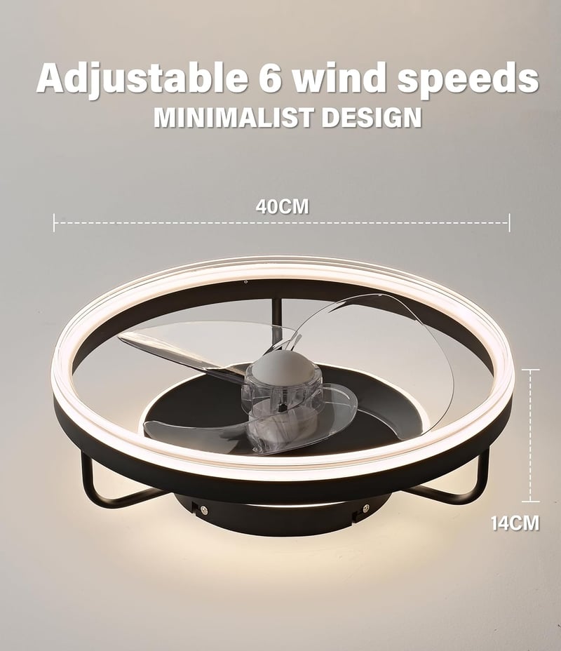 Baerolc 40 cm-es Mennyezeti Ventilátor LED Világítással - Szabályozható Fényerő, 6 Sebességfokozat, Fekete Dizájn Hálószobába, Konyhába, Étk