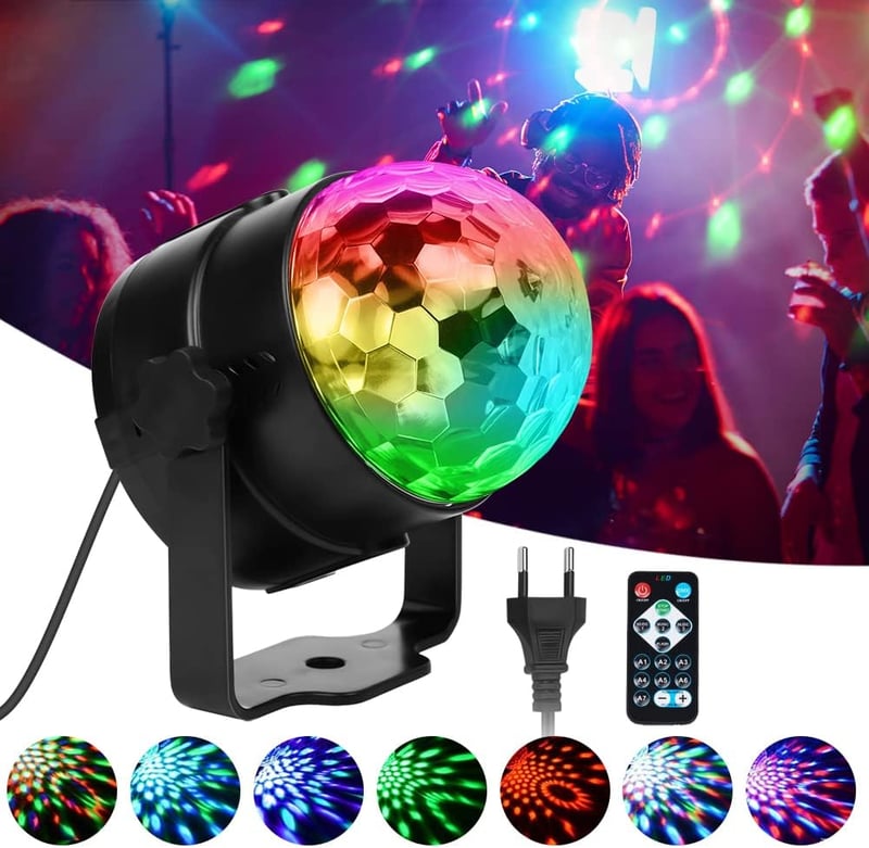 URAQT Disco Fény, 360° Forgó Parti Lámpa, 7 RGB Színnel, Hangvezérelt, Távirányítóval - Diszkó Világítás KTV, DJ, Buli, Bár, Otthoni Használ