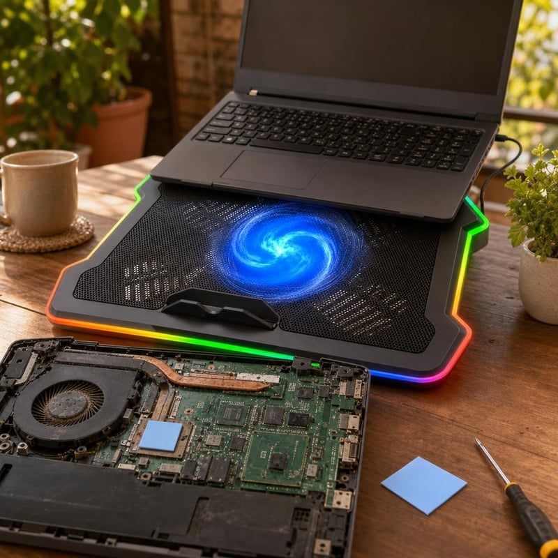 Tiha oaza za laptop: termalna podloga + hladnjak s 5 ventilatora
