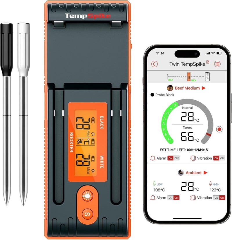 ThermoPro Twin TempSpike Vezeték Nélküli Húshőmérő - 150m Bluetooth Hatótáv, Kettős Szenzor, Töltőállomás Kijelzővel, Mosogatógépben Mosható