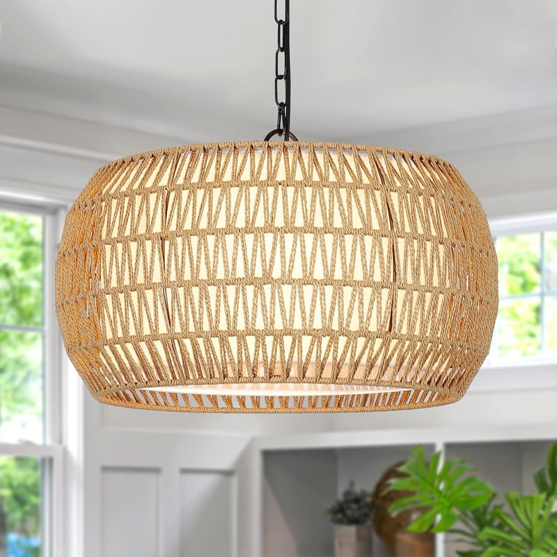 Rayofly Rattan Függőlámpa - 5 Izzós Nagy Méretű Boho Csillár Étkezőasztalhoz, Vintage Rattan Lámpaernyővel