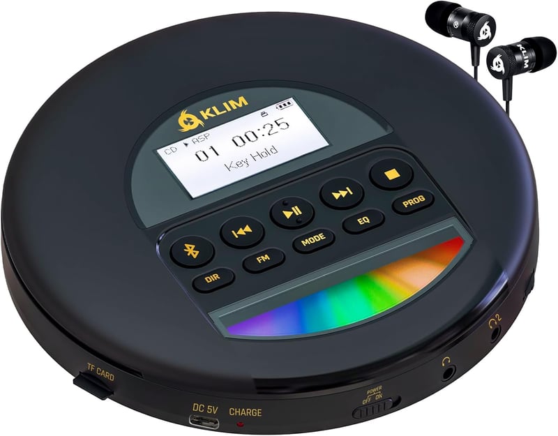 KLIM Nomad Hordozható CD Lejátszó Bluetooth - Hosszú Üzemidejű Akkumulátor, Fejhallgatóval, CD-R/RW/MP3 Támogatás, TF Kártyaolvasó, FM Rádió