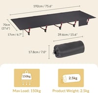 Leogreen Ultrakönnyű Összecsukható Kempingágy - 192x70 cm, 2,5 kg, 150 kg Teherbírás, Oxford Szövet, Alumínium Váz, Túrázáshoz, Fekete 5
