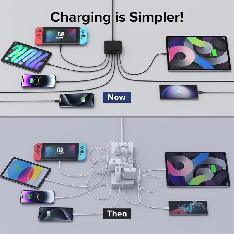 Zomvan 100W USB-C Gyorstöltő 6 Portos Töltőállomás - 3 USB-C és 3 USB-A Port iPhone 16/15/14, Samsung S24/S23, iPad Kompatibilis Fekete Tölt