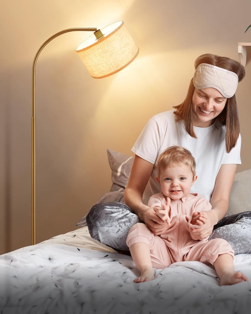 EDISHINE Állólámpa 161 cm - Arany Ívelt Padlólámpa Állítható Bézs Lenvászon Ernyővel, Lábkapcsolóval, E27 LED Izzóval Nappaliba, Hálószobába