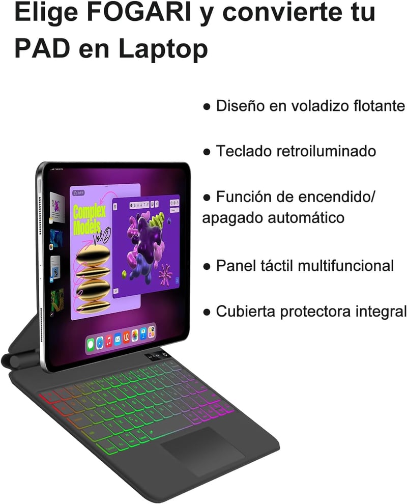FOGARI Bluetooth Billentyűzet iPad Air 11/5/4 és Pro 11 Modellekhez - QWERTZ Touchpad, 7 Színű Háttérvilágítás, Fekete