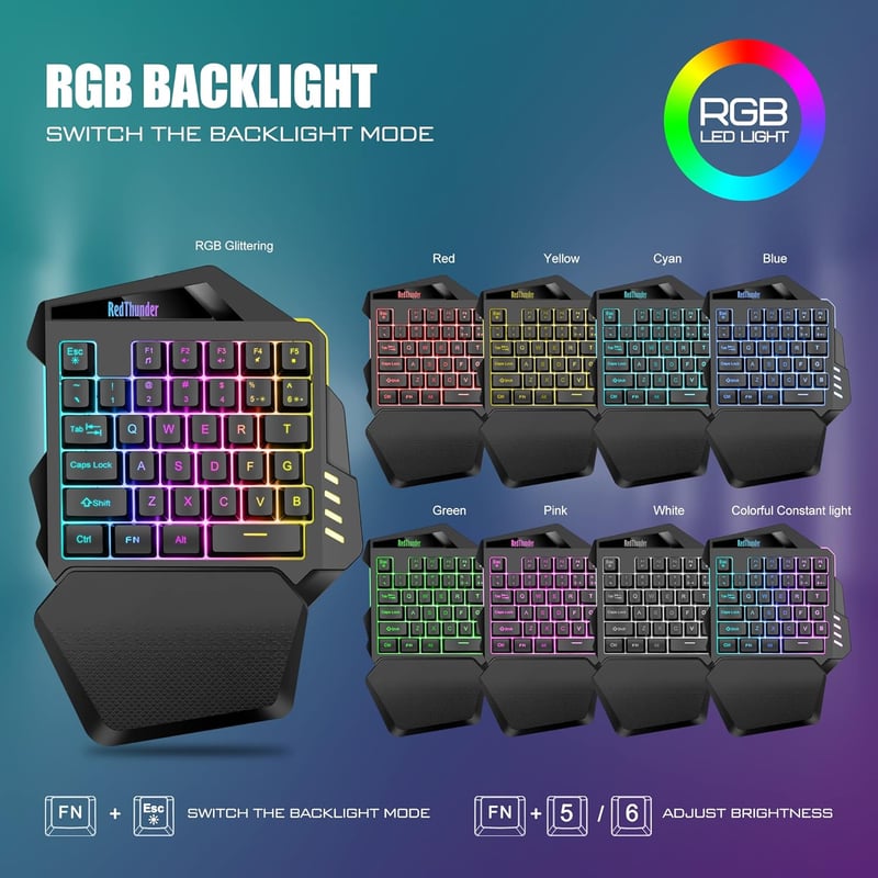 RedThunder G60 Vezeték Nélküli Egykezi Gamer Billentyűzet, 2000 mAh Akkumulátor, RGB Háttérvilágítás, Ergonomikus, PC/Mac/PS5 Kompatibilis - Wireless