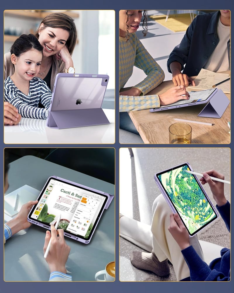 TiMOVO iPad Air 13 (M2) 2024 védőtok, tolltartóval, átlátszó hátlappal, állvány funkcióval, automatikus alvás/ébresztés, lila