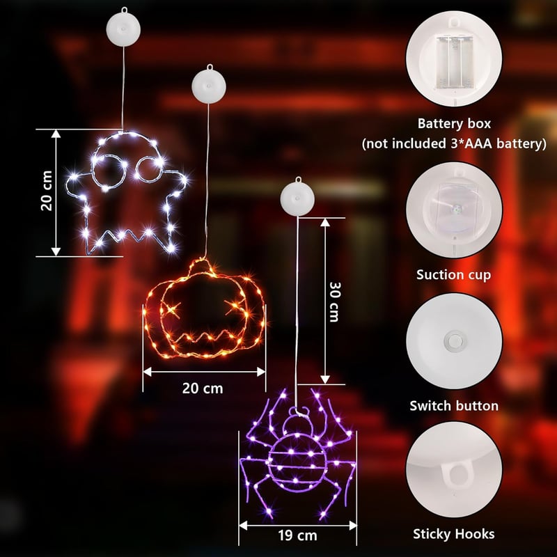 Joomer Halloween LED fényfüzér - Tök, pók, szellem mintás, 3 db-os készlet