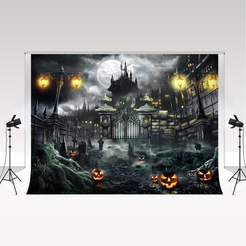 Kate Halloween Dekoráció Háttér 3x2m - Temető Töklámpás Elhagyatott Kastély Fotó Háttér - Mikroszálas Anyag Buli Dekor Kellék