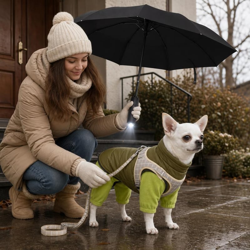 Pachet plimbare câini iarnă: vestă impermeabilă + haină polar + ham cu lesă + umbrelă LED