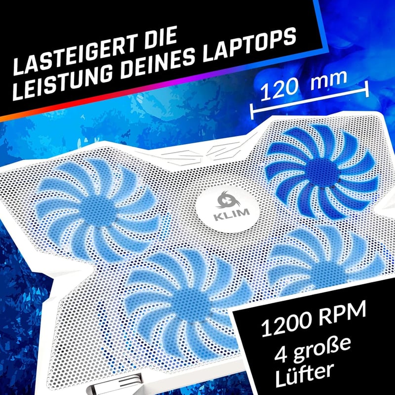 KLIM Wind Laptop Hűtő - 4 Ventilátoros Hűtőpad PC, Mac, Xbox, PS4 Eszközökhöz - USB Tápellátású, Stabil, Csendes - 11-17" Méretű Laptopokhoz