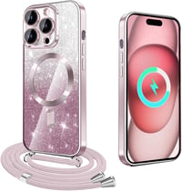iPhone 14 Pro MagSafe-kompatibilis rózsaarany csillogó átlátszó tok nyakba akasztható lánccal 1