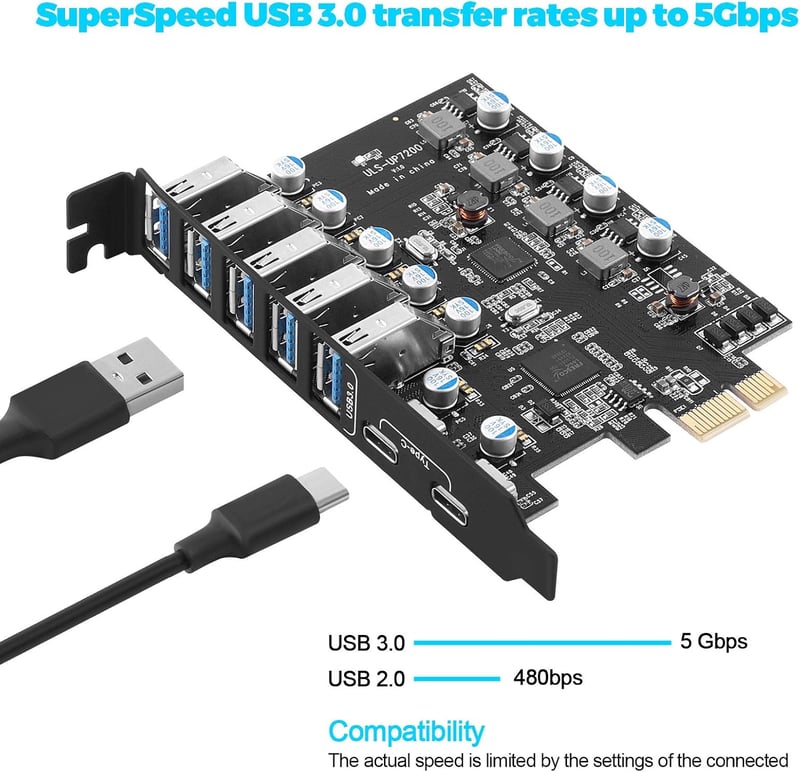 ULANSEN 7 portos USB 3.0 PCI-E bővítőkártya (2x Type-C, 5x Type-A)